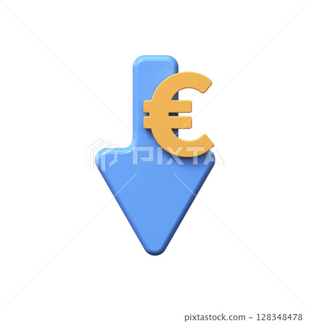 Golden euro coin with down arrow. Economy, finance, money, investment symbol. 3d currency decline icon. 128348478