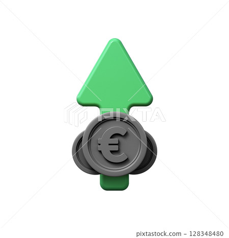 3D rendering of green arrow and euro coins. Financial growth concept. 3D rendering of green arrow and euro coins. Financial growth concept. 128348480