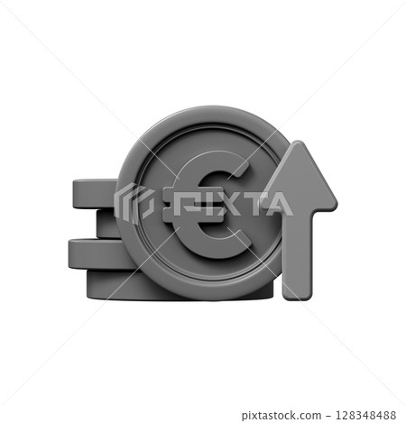 Euro appreciation icon. 3d icon of black euro sign with up arrow 128348488