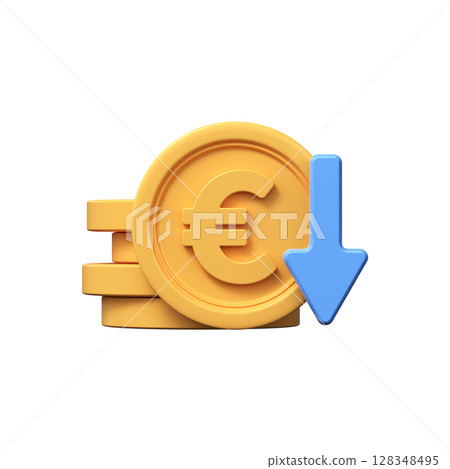 Cost reduction icon. Euro coins with down arrow. 3d render 128348495