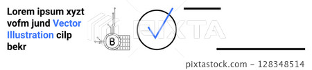 Blue checkmark inside circle, placeholder text block, electric generator schematic, minimal black lines. Ideal for branding, marketing, infographics, presentations, web design, education, user 128348514