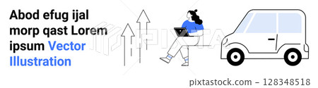 Woman working on a laptop, arrows depicting growth, car beside her, placeholder text suggesting design context. Ideal for business concepts, remote work, progress, technology, mobility 128348518