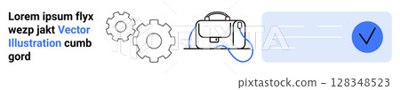 Text block with dummy text alongside abstract line art of gears, a machine, and a checkmark in a blue box. Ideal for technology, engineering, automation, business, productivity, manufacturing 128348523