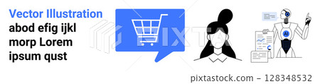 Shopping cart icon, person, robot with data analytics. Ideal for e-commerce, AI, technology, digital marketing, online shopping, business analytics, innovation. Landing page 128348532