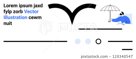 Text elements, umbrella, person holding umbrella, abstract bird shape, straight lines, circles, and blue accents. Ideal for promotional materials, branding, editorial, digital media advertisement 128348547