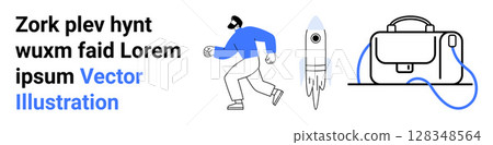Running man, flying rocket, briefcase with strap. Ideal for business, startups, technology, innovation, entrepreneurship, education, and online courses. Perfect for your website or apps landing page 128348564