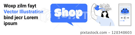 Text with placeholder words, speech bubble with Shop written in it, character watering flowers sprouting from head, and mobile phone with flower icon. Ideal for ecommerce, online shopping, digital Text with placeholder words, speech bubble with Shop written in it, character watering flowers sprouting from head, and mobile phone with flower icon. Ideal for ecommerce, online shopping, digital 128348603