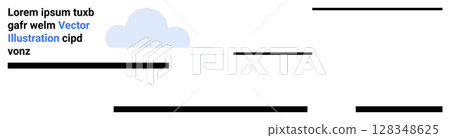 Cloud icon with lorem ipsum text and blue vector text elements alongside black horizontal lines. Ideal for websites, app interfaces, tech articles, brochures, presentations, social media 128348625