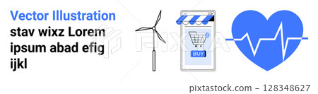 Wind turbine for sustainable energy, mobile phone with shopping cart for e-commerce, and heartbeat icon for healthcare. Ideal for green energy, online stores, health apps, eco-awareness, e-health 128348627