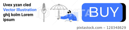 Text elements, corn icon, umbrella handle illustration, person holding bubble, and prominent BUY button. Ideal for e-commerce, shopping, call to action, UI design, web elements, marketing. Landing 128348629