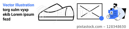 Shoe, envelope with notification dot, and a person holding an ID card. Ideal for business presentations, marketing materials, e-commerce websites, user interfaces, email notifications, identity 128348630