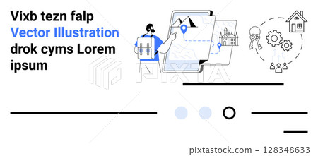 Man with blueprint, digital map on tablet, business development icons, gears, and house. Ideal for real estate, technology integration, business growth, innovation, planning, development. Landing Man with blueprint, digital map on tablet, business development icons, gears, and house. Ideal for real estate, technology integration, business growth, innovation, planning, development. Landing 128348633