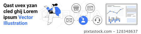 Person working on a laptop, interconnected icons for shopping, credit card, email, user, and headset, analytics dashboard. Ideal for business, communication, data analysis, customer support 128348637