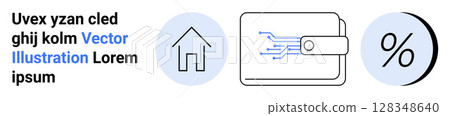 Digital wallet with circuit design button, house symbol inside blue circle, and percentage icon in blue circle. Ideal for finance, technology, banking, savings, investments, mobile payments 128348640