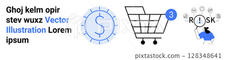 Shopping cart with notification, currency symbol with clock, and person overwhelmed by risks. Ideal for e-commerce, online shopping, finance, time management, notifications, risk management 128348641