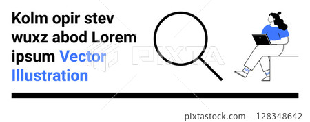 Magnifying glass icon and person using laptop, seated casually. Text placeholder enhances design. Ideal for search features, website design, landing pages, technology themes, online tools, user 128348642