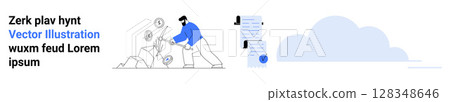 Businessman breaking rocks with dollar and bitcoin symbols, accompanied by chatboxes, cloud. Ideal for finance, cryptocurrency, data analysis, cloud services, business strategy, communication Businessman breaking rocks with dollar and bitcoin symbols, accompanied by chatboxes, cloud. Ideal for finance, cryptocurrency, data analysis, cloud services, business strategy, communication 128348646