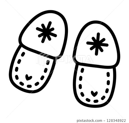 Black line home slippers doodle, monochrome vector icon, cute pictogram 128348922