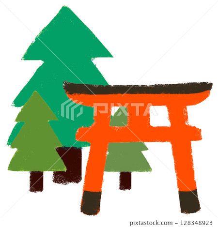 蠟筆畫：供奉著大杉樹的神社。手繪插畫 128348923