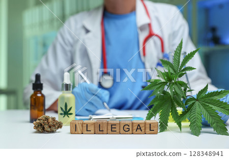 A Cannabis Medical Professional prominently displays a sign indicating its Illegal status 128348941