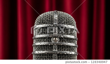 Vintage Silver Mesh Microphone with Water Droplets on Red Curtain Background 128348947