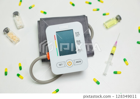 Medical Equipment Including a Blood Pressure Monitor and Medication for Patient Care Medical Equipment Including a Blood Pressure Monitor and Medication for Patient Care 128349011
