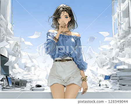 Illustration material of a woman surprised by documents scattered when she opens the window 128349044