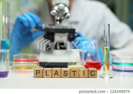 Lab analysis of plastic via research methods, highlighting sustainability and future innovation 128349074