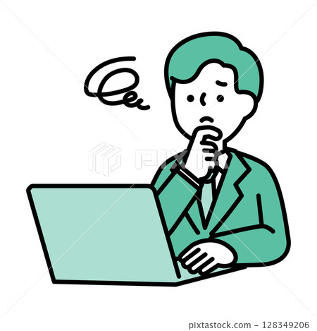 Illustration material of a male business person who is worried while operating a computer 128349206