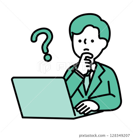 Illustration material of a male business person who is worried while operating a computer 128349207