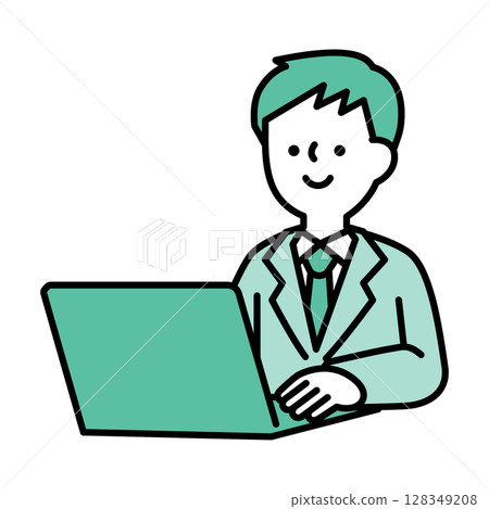 Illustration material of a male business person in a suit working on a laptop 128349208