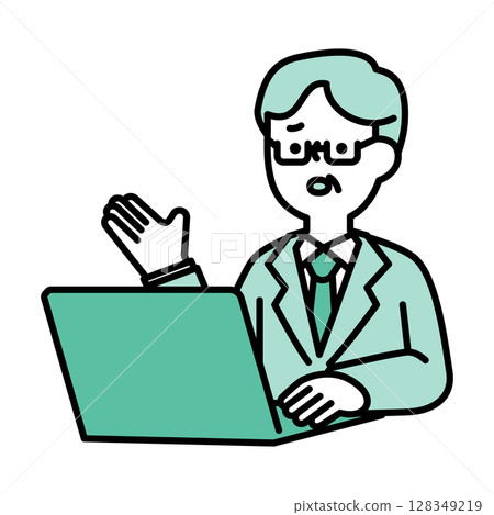 Image illustration of a middle-aged man with a troubled face having an online conversation 128349219
