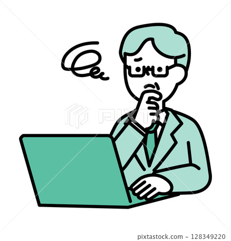 Illustration material of a middle-aged man who is worried while operating a computer 128349220