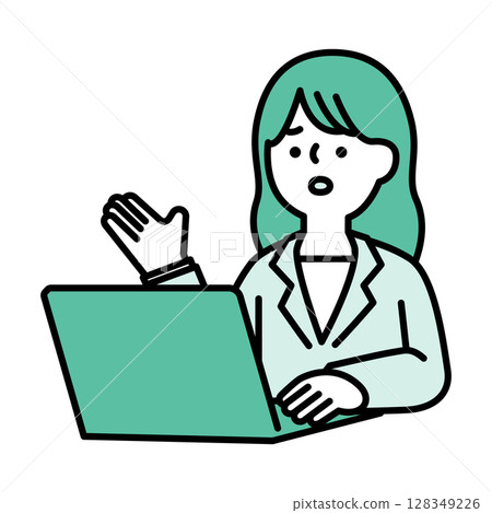 Image of a businesswoman with a troubled face having an online conversation. Illustration material Image of a businesswoman with a troubled face having an online conversation. Illustration material 128349226