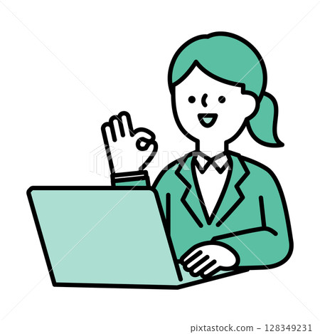 Illustration material of a smiling business woman posing positively at a computer 128349231
