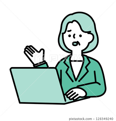 Image illustration of a middle-aged and senior woman with a troubled face having an online conversation 128349240