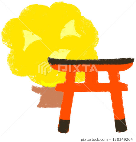 蠟筆觸：以銀杏樹為祭祀對象的神社－手繪插畫 128349264