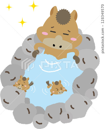 可愛又輕鬆的插畫，描繪了母馬和小馬在溫泉中放鬆的場景｜推薦用於馬年和新年賀卡 128349570