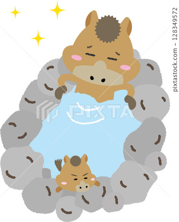 A cute and relaxing illustration of a mother and foal horse relaxing in a hot spring | Recommended for the Year of the Horse and New Year's cards A cute and relaxing illustration of a mother and foal horse relaxing in a hot spring | Recommended for the Year of the Horse and New Year's cards 128349572