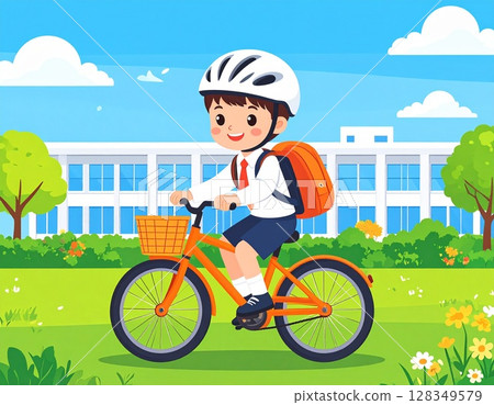 Illustration of a junior high school student wearing a helmet and cycling to school 128349579