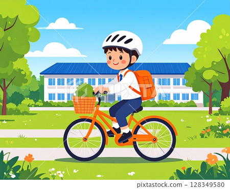 Illustration of a junior high school student wearing a helmet and cycling to school 128349580