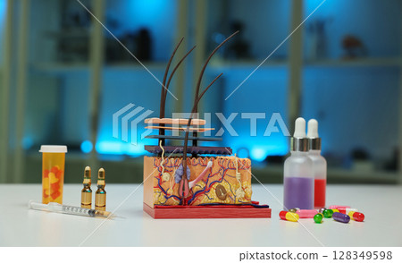 Comprehensive and Detailed Model of Skin Anatomy Featuring Various Cosmetic Products Comprehensive and Detailed Model of Skin Anatomy Featuring Various Cosmetic Products 128349598