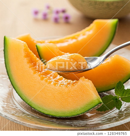 Cut melon chilled in ice, muskmelon, red flesh, Hime, Quincy, Yubari melon 128349765