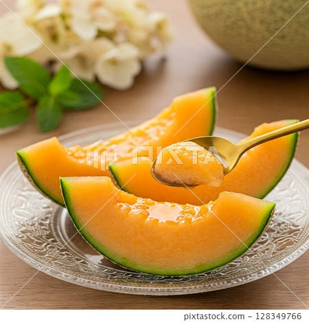 Cut melon chilled in ice, muskmelon, red flesh, Hime, Quincy, Yubari melon 128349766