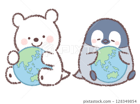 一組小北極熊和小企鵝抱著地球 128349854