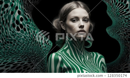 A minimal poster of woman colored tracksuit fashion clothes resembling the silhouette of transformed into sound waves , made in the style of black and white pop-art. 128350174