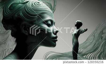 A minimal poster of woman colored tracksuit fashion clothes resembling the silhouette of transformed into sound waves , made in the style of black and white pop-art. 128350216