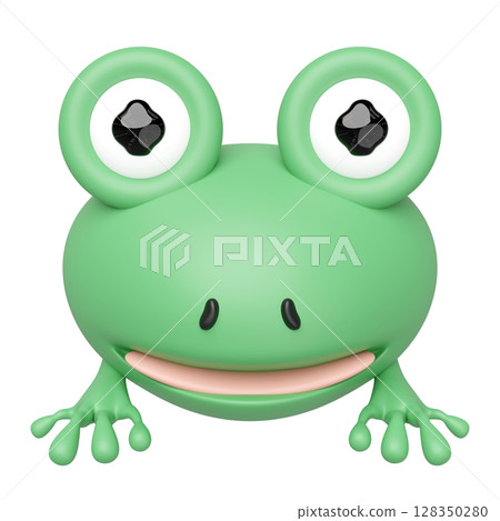 Close up of a charming 3D cartoon frog with large expressive eyes and a wide smile, rendered in bright green against. Ideal for kids, playful designs, and simple mascots. 128350280