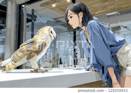 貓頭鷹咖啡館—一位女士與貓頭鷹交談的插圖 128350431