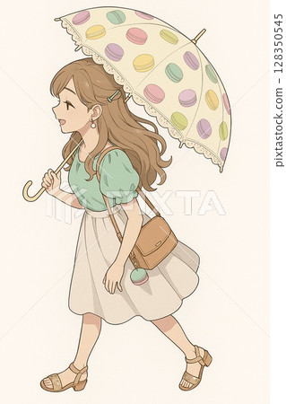 年輕女子撐著馬卡龍圖案的雨傘跑起來 生成式人工智慧 年輕女子撐著馬卡龍圖案的雨傘跑起來 生成式人工智慧 128350545